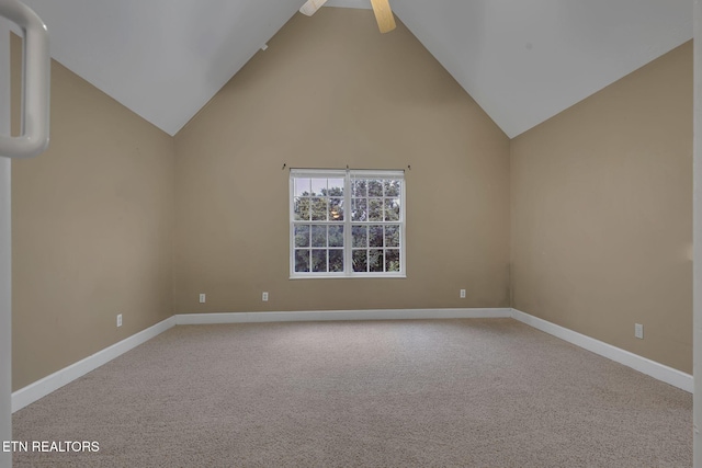 1010 Creek Brook Ln, Seymour, TN 37865 - carpeted spare room with high vaulted ceiling and a ceiling fan