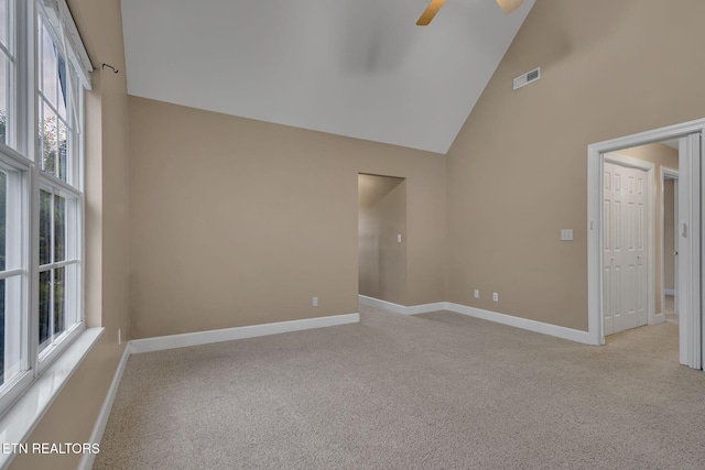 1010 Creek Brook Ln, Seymour, TN 37865 - carpeted spare room featuring plenty of natural light, high vaulted ceiling, and a ceiling fan