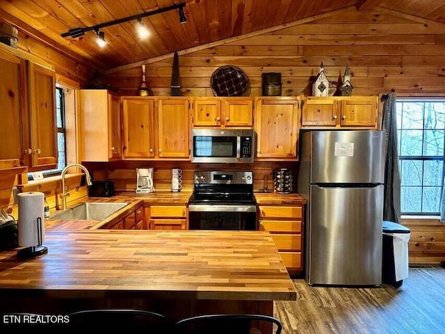 1930 Regans Ridge Way, Sevierville, TN 37876 - kitchen with stainless steel appliances, wooden counters, vaulted ceiling, a sink, and wooden walls