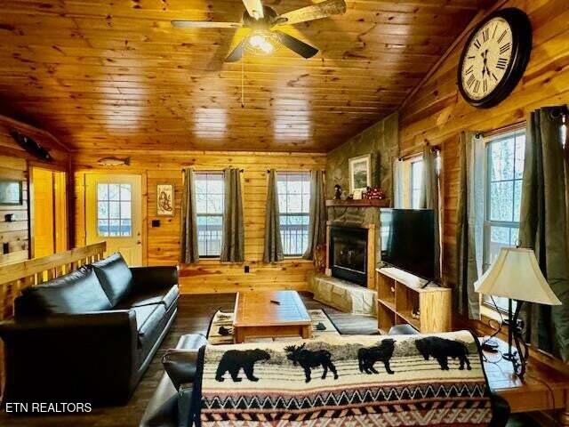 1930 Regans Ridge Way, Sevierville, TN 37876 - living area featuring plenty of natural light, wooden walls, lofted ceiling, wood ceiling, and ceiling fan