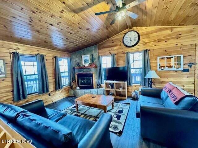 1930 Regans Ridge Way, Sevierville, TN 37876 - living room with wooden walls, wood-type flooring, lofted ceiling, ceiling fan, and wooden ceiling