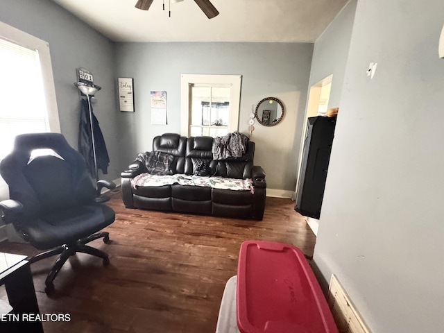 2102 Harvey St, Knoxville, TN 37917 - living room featuring a ceiling fan, wood finished floors, and baseboards