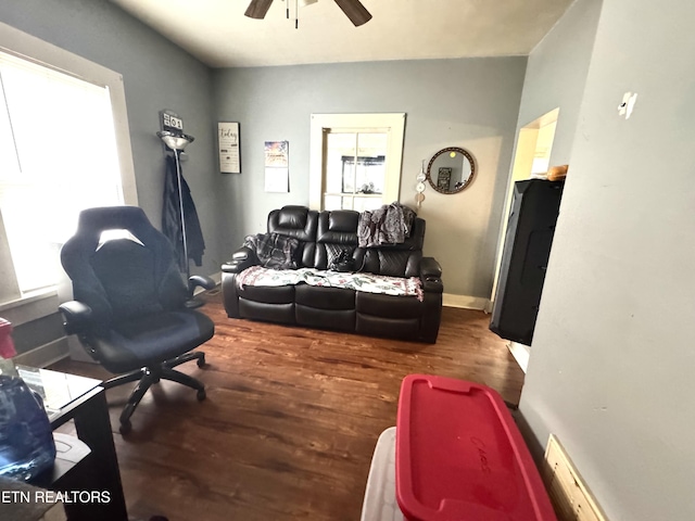 2102 Harvey St, Knoxville, TN 37917 - living room featuring ceiling fan, wood finished floors, and baseboards