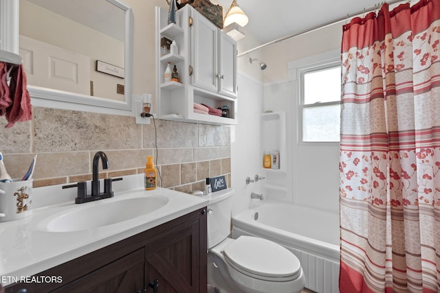 8318 Clapps Chapel Rd, Corryton, TN 37721 - full bathroom with shower / tub combo with curtain, vanity, toilet, and decorative backsplash