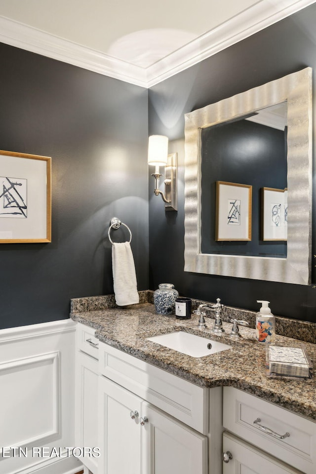12368 N Fox Den Dr, Knoxville, TN 37934 - bathroom featuring ornamental molding, vanity, and wainscoting