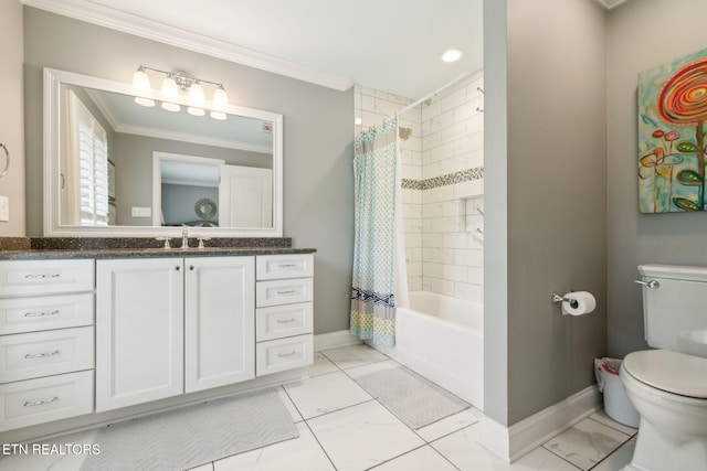 12368 N Fox Den Dr, Knoxville, TN 37934 - bathroom featuring crown molding, toilet, baseboards, vanity, and marble look tiles