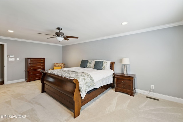12368 N Fox Den Dr, Knoxville, TN 37934 - bedroom featuring light carpet, crown molding, baseboards, a ceiling fan, and recessed lighting