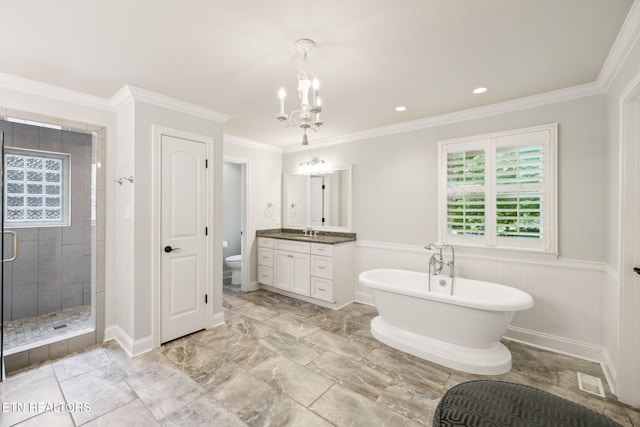 12368 N Fox Den Dr, Knoxville, TN 37934 - bathroom with vanity, healthy amount of natural light, a shower stall, a soaking tub, and ornamental molding