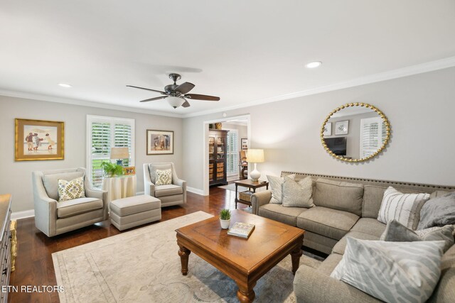12368 N Fox Den Dr, Knoxville, TN 37934 - living area featuring ornamental molding, baseboards, a ceiling fan, recessed lighting, and dark wood-style floors