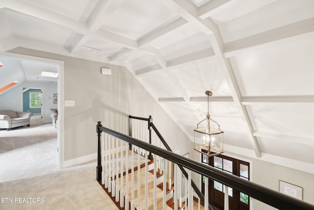 12368 N Fox Den Dr, Knoxville, TN 37934 - corridor with a chandelier, light carpet, coffered ceiling, and baseboards