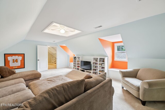 12368 N Fox Den Dr, Knoxville, TN 37934 - living room featuring light carpet, lofted ceiling, and a ceiling fan