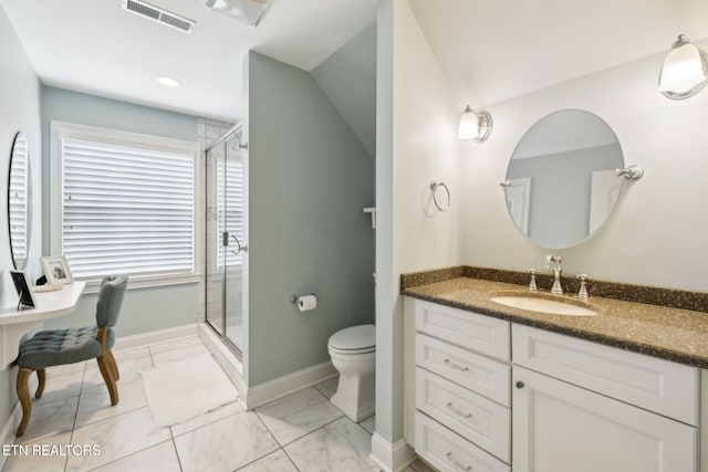 12368 N Fox Den Dr, Knoxville, TN 37934 - bathroom with vanity, a stall shower, toilet, marble finish floors, and recessed lighting