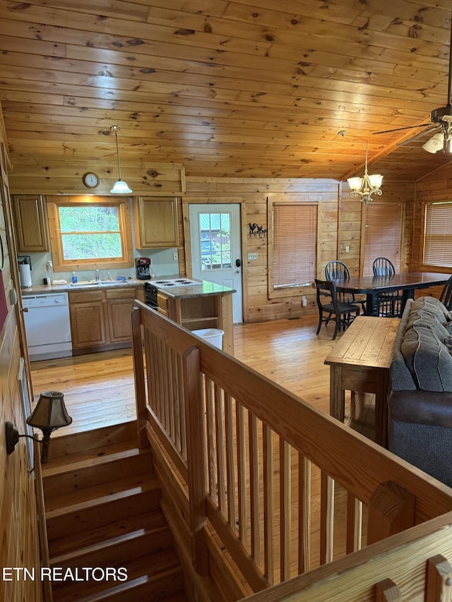 2020 Regans Ridge Way, Sevierville, TN 37876 - kitchen with white appliances, wood ceiling, light wood-type flooring, a chandelier, and decorative light fixtures