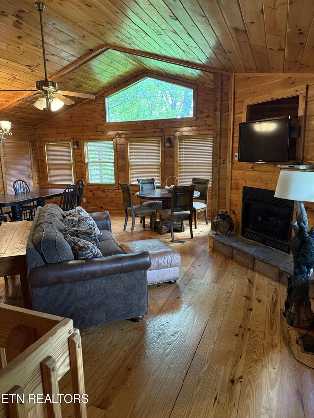 2020 Regans Ridge Way, Sevierville, TN 37876 - living area with vaulted ceiling, wooden ceiling, wood walls, wood-type flooring, and a large fireplace