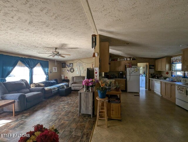 626 S 22nd St, Middlesboro, KY 40965 - living area featuring a ceiling fan, a textured ceiling, and lofted ceiling