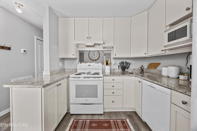 613 Vose Rd Unit B, Alcoa, TN 37701 - kitchen with white appliances, a sink, a peninsula, dark wood-type flooring, and a textured ceiling