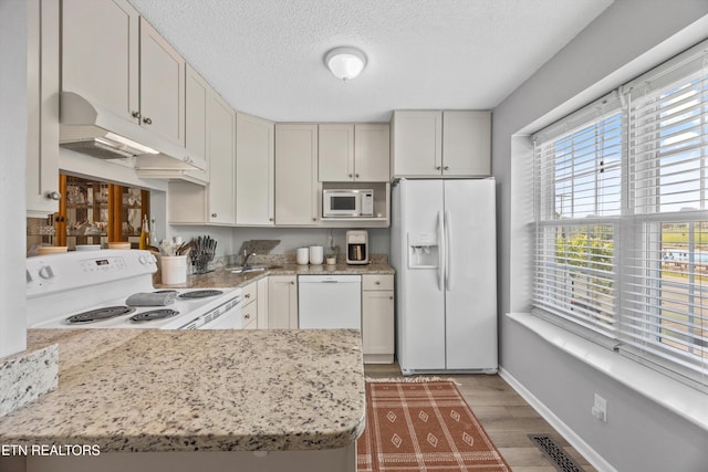 613 Vose Rd Unit B, Alcoa, TN 37701 - kitchen with white appliances, under cabinet range hood, light wood-style floors, a textured ceiling, and light stone counters