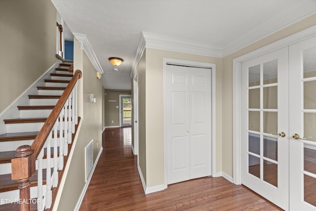 7127 Fieldstone Farms Ln, Knoxville, TN 37921 - hall featuring wood finished floors, french doors, stairway, crown molding, and baseboards