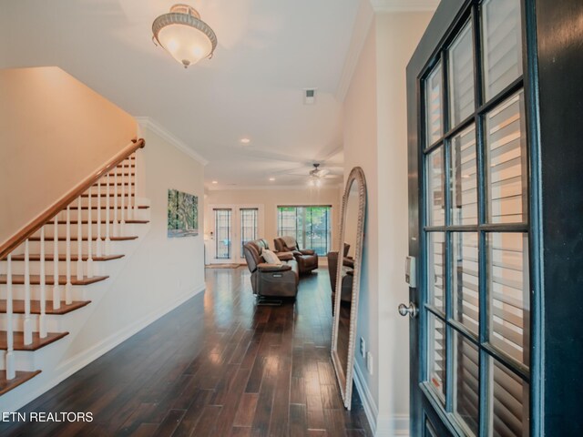 1201 Bentley Park Ln, Knoxville, TN 37922 - hallway with dark wood-style flooring, stairway, ornamental molding, baseboards, and recessed lighting