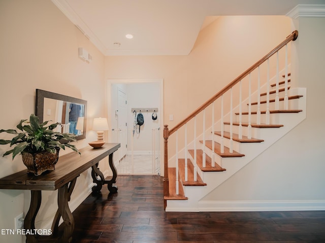 1201 Bentley Park Ln, Knoxville, TN 37922 - foyer entrance featuring stairway, dark wood finished floors, crown molding, baseboards, and recessed lighting