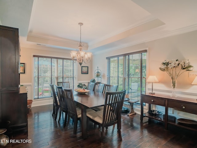 1201 Bentley Park Ln, Knoxville, TN 37922 - dining room featuring a tray ceiling, a chandelier, crown molding, wainscoting, and dark wood-style flooring