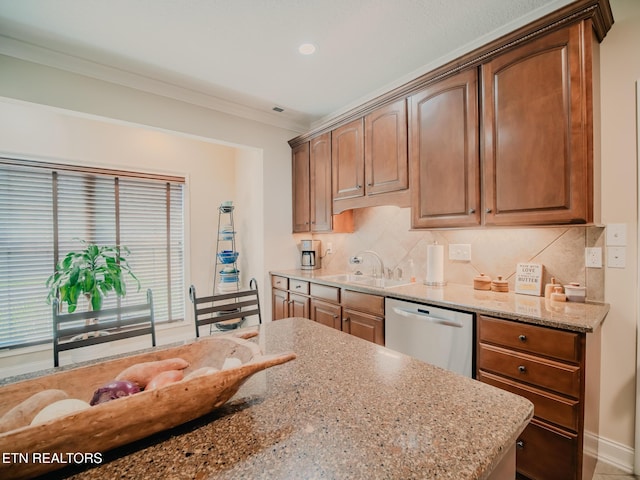 1201 Bentley Park Ln, Knoxville, TN 37922 - kitchen with dishwasher, a sink, light stone counters, backsplash, and ornamental molding