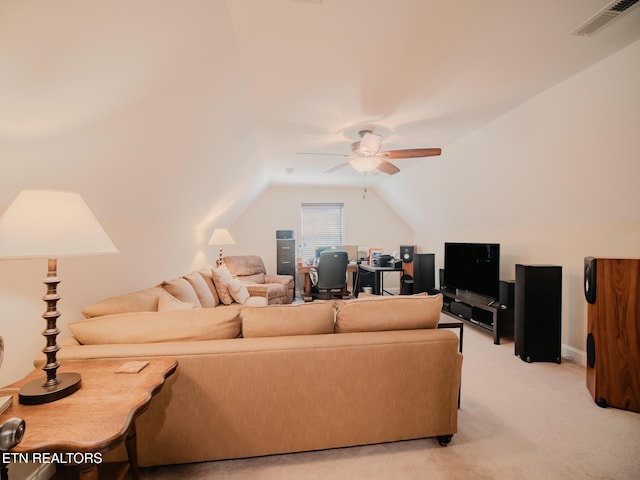 1201 Bentley Park Ln, Knoxville, TN 37922 - living area with ceiling fan, lofted ceiling, a desk, and light colored carpet