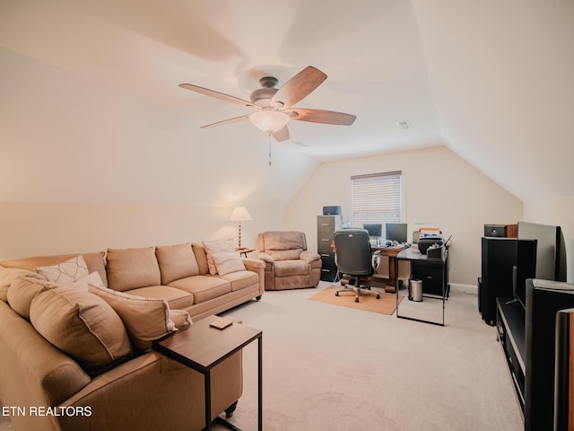 1201 Bentley Park Ln, Knoxville, TN 37922 - home office featuring ceiling fan, light colored carpet, and lofted ceiling