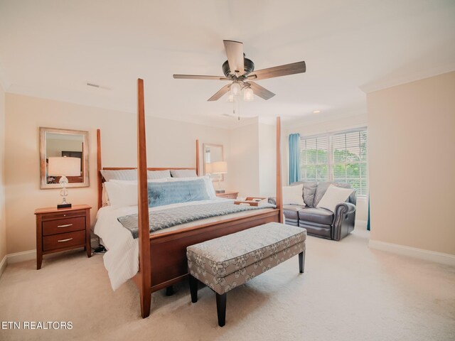 1201 Bentley Park Ln, Knoxville, TN 37922 - bedroom with light carpet, baseboards, crown molding, and ceiling fan