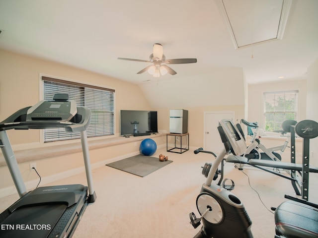 1201 Bentley Park Ln, Knoxville, TN 37922 - workout room featuring attic access, a ceiling fan, baseboards, lofted ceiling, and carpet