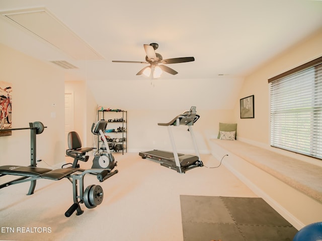 1201 Bentley Park Ln, Knoxville, TN 37922 - exercise area featuring a ceiling fan, vaulted ceiling, and carpet flooring