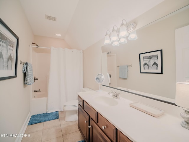 1201 Bentley Park Ln, Knoxville, TN 37922 - bathroom featuring vanity, shower / bath combo with shower curtain, toilet, tile patterned floors, and lofted ceiling