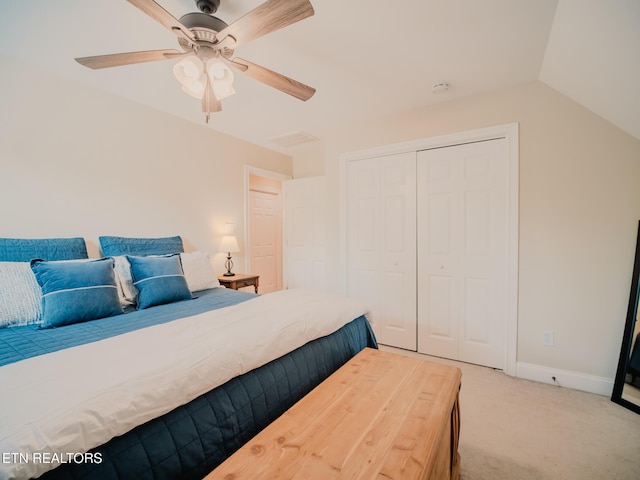 1201 Bentley Park Ln, Knoxville, TN 37922 - bedroom featuring light carpet, a closet, a ceiling fan, vaulted ceiling, and baseboards