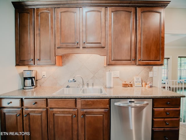 1201 Bentley Park Ln, Knoxville, TN 37922 - kitchen with dishwasher, a sink, ornamental molding, light stone countertops, and backsplash