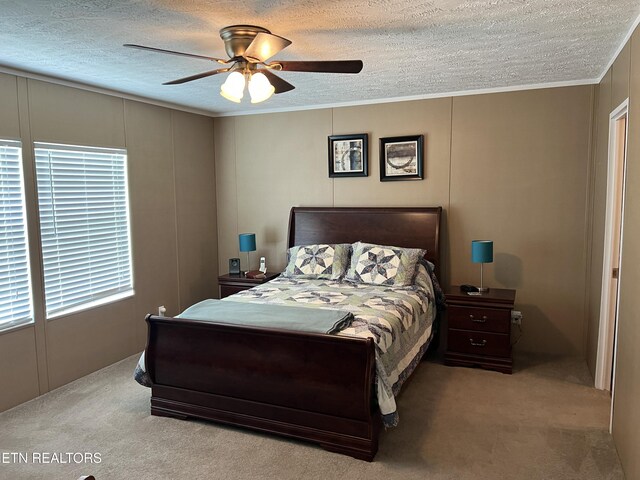 3385 Double Top Rd, Byrdstown, TN 38549 - bedroom featuring carpet flooring, a textured ceiling, a decorative wall, ornamental molding, and ceiling fan