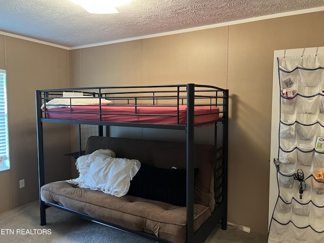 3385 Double Top Rd, Byrdstown, TN 38549 - carpeted bedroom featuring a textured ceiling and ornamental molding