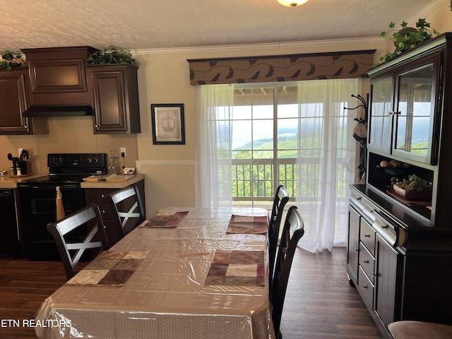 3385 Double Top Rd, Byrdstown, TN 38549 - dining area with dark wood-type flooring, crown molding, and a textured ceiling