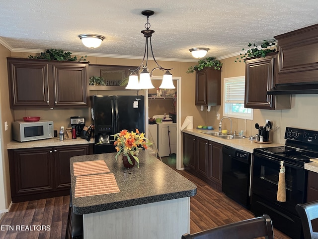 3385 Double Top Rd, Byrdstown, TN 38549 - kitchen featuring black appliances, washer and dryer, a sink, dark brown cabinetry, and a textured ceiling