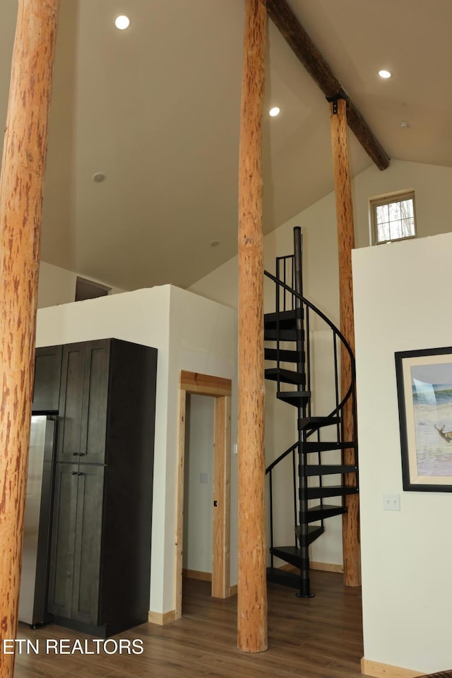 840 Ali Ln, Pvt, Huntsville, TN 37756 - stairs featuring wood finished floors, beamed ceiling, baseboards, high vaulted ceiling, and recessed lighting