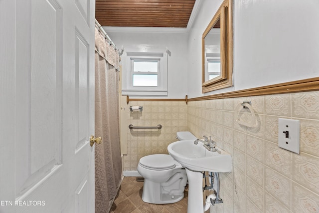 168 Boatman Rd, Cookeville, TN 38506 - full bathroom featuring toilet, wood ceiling, tile patterned floors, ornamental molding, and a wainscoted wall