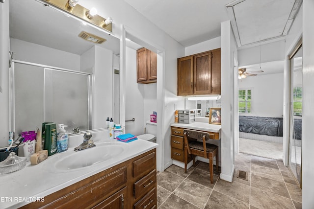 168 Boatman Rd, Cookeville, TN 38506 - full bath featuring connected bathroom, vanity, a shower stall, and a ceiling fan