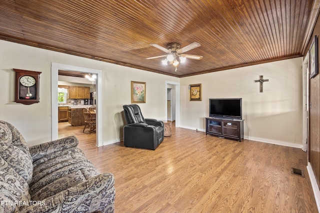 168 Boatman Rd, Cookeville, TN 38506 - living room featuring wooden ceiling, ornamental molding, a ceiling fan, light wood-type flooring, and baseboards