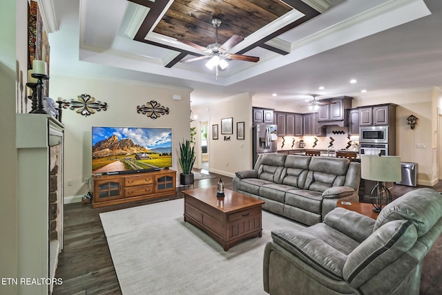 247 Thrushwood Dr, Fairfield Glade, TN 38558 - living area with a ceiling fan, crown molding, baseboards, recessed lighting, and dark wood-style flooring