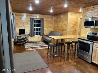 138 Matthews Rd, Oneida, TN 37841 - kitchen featuring stainless steel appliances, wood ceiling, and recessed lighting