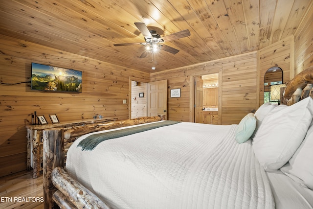 3064 S Clear Fork Rd, Sevierville, TN 37862 - bedroom with wooden walls, wooden ceiling, wood finished floors, ensuite bath, and ceiling fan
