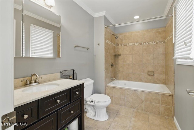 262 Cresent St, Harrogate, TN 37752 - full bathroom with toilet, vanity, tiled shower / bath, tile patterned flooring, and ornamental molding