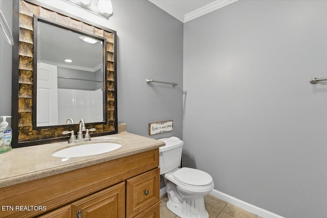 262 Cresent St, Harrogate, TN 37752 - bathroom with crown molding, toilet, vanity, tile patterned flooring, and baseboards