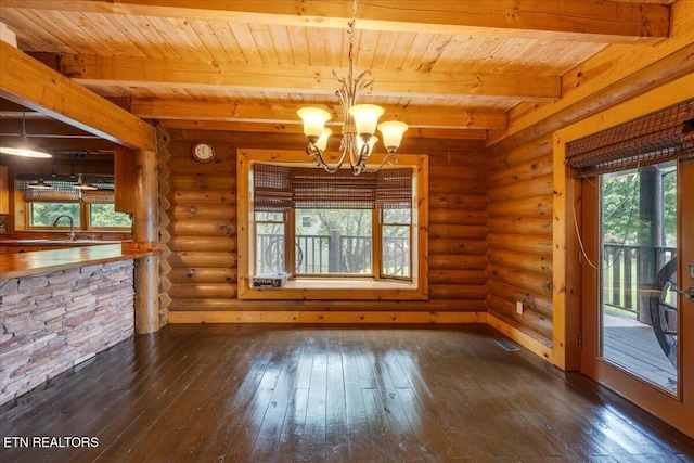 158 Dillon Rd, Baxter, TN 38544 - unfurnished dining area featuring wood ceiling with exposed beams, a chandelier, dark wood finished floors, a sink, and rustic walls