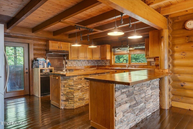 158 Dillon Rd, Baxter, TN 38544 - kitchen featuring butcher block counters, log walls, dark wood-style flooring, wood ceiling with exposed beams, and under cabinet range hood
