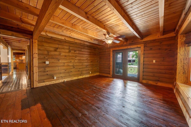 158 Dillon Rd, Baxter, TN 38544 - empty room with dark wood finished floors, wooden ceiling with exposed beams, and a ceiling fan
